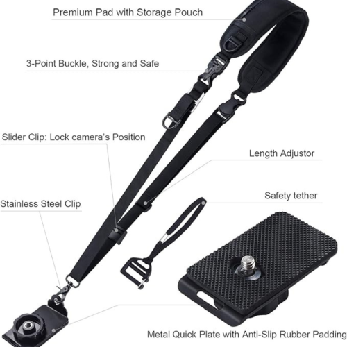 Waka – Courroie de cou pour appareil photo, attache de sécurité à dégagement rapide, bandoulière confortable et durable pour appareil photo, noir