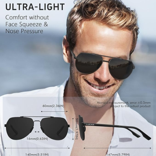 LUENX Trendy Aviator Polarized Sunglasses for Men Women, Metal Frame Sun Glasses UV 400 Protection Driving Fashion