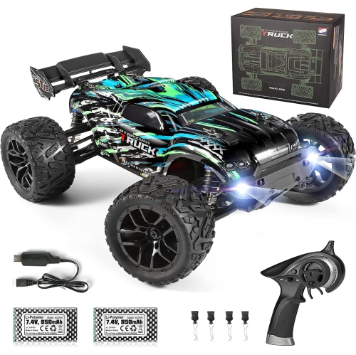 RC Car, 36+ km/h High-Speed 4WD 1:18 Scale Waterproof Monster Truck, LED Lights, Remote Control Off-Road Vehicle with 2 Rechargeable Batteries, Ready