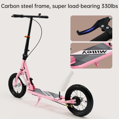 TOPTENG Shock-Absorbing Foldable Commuter Kick Scooter For Adults and Teens With 12" Large Smooth Rolling Rubber Air Tires Pink