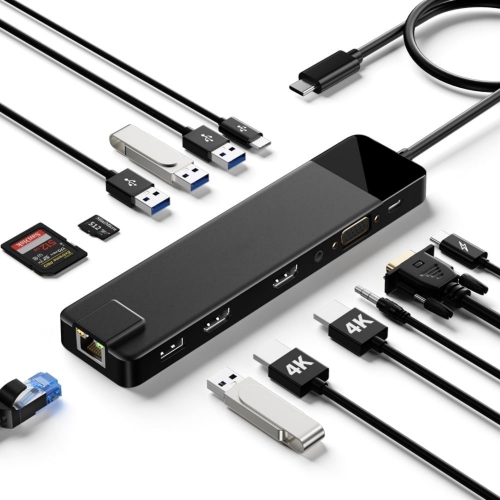 NIERBO  USB C Docking Station Triple Monitor, 13-In-1 Multiport Hub Adapter W/dual HDMI 4K, 1000M Rj45, VGA, 3.5MM Audio, 4 USB 3.0/2.0, USB C 3.0
