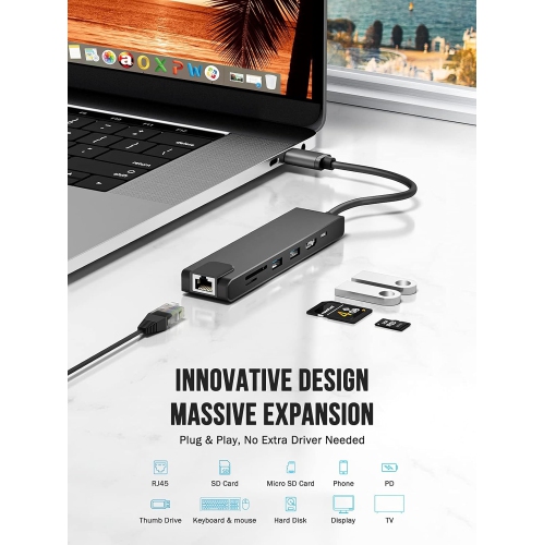 USB C Multiport Adapter, 7 in 1 USB C Hub Dongle with Gigabit Ethernet, 100W PD, 4K HDMI, 2 USB 3.0 Ports, SD/TF Card Reader for MacBook Pro/Air M1,