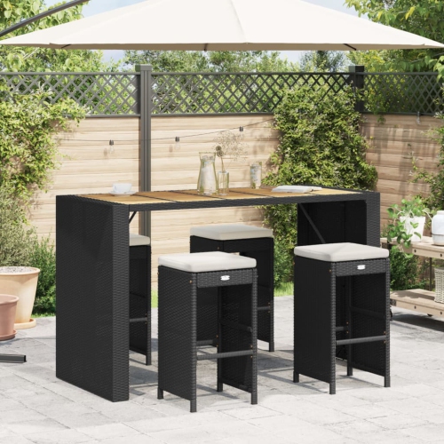 vidaXL Garden Bar Stools with Cushions 4 pcs Black Poly Rattan