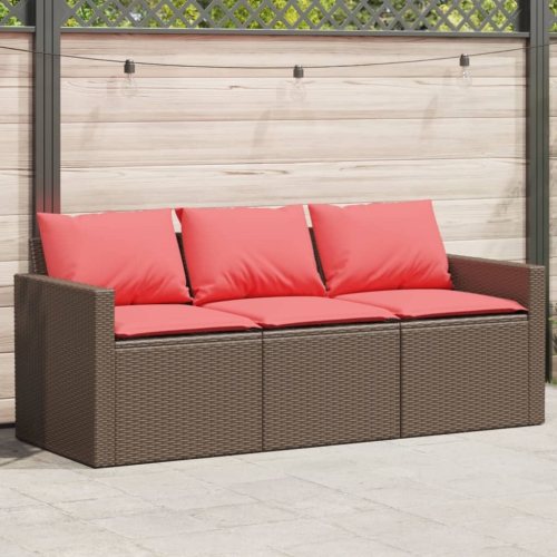 vidaXL Garden Sofa with Cushions 3-Seater Brown Poly Rattan