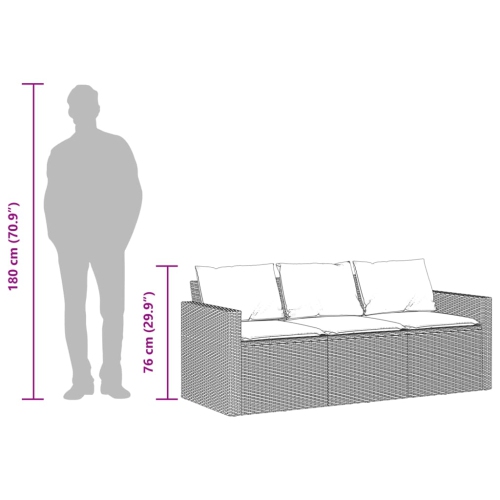 vidaXL Garden Sofa with Cushions 3-Seater Brown Poly Rattan