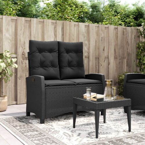 vidaXL Reclining Garden Bench with Cushions Black Poly Rattan