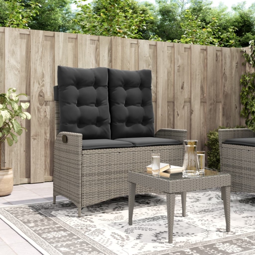 vidaXL Reclining Garden Bench with Cushions Grey Poly Rattan