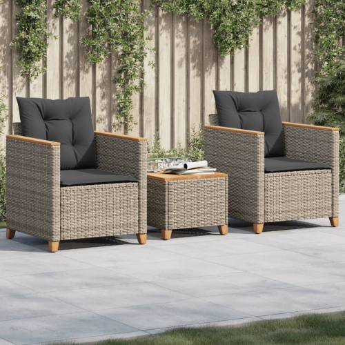 vidaXL 3 Piece Bistro Set with Cushions Grey Poly Rattan Acacia Wood