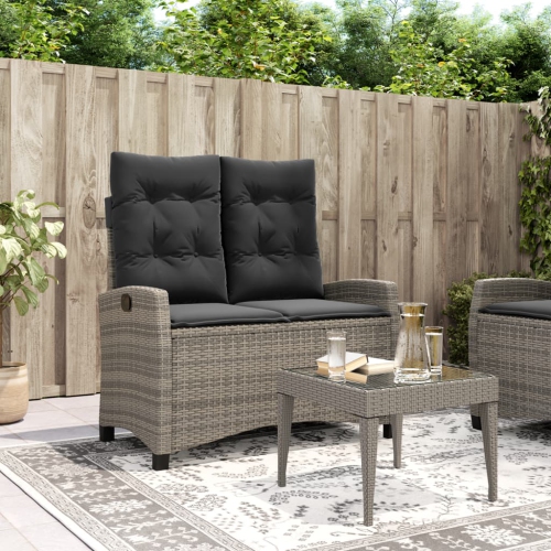 vidaXL Reclining Garden Bench with Cushions Grey Poly Rattan