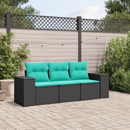 vidaXL 3 Piece Garden Sofa Set with Cushions Black Poly Rattan