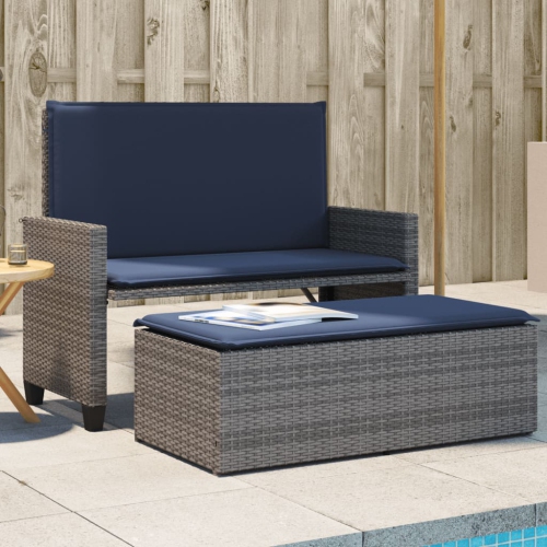 vidaXL Garden Bench with Cushions and Footstool Grey Poly Rattan