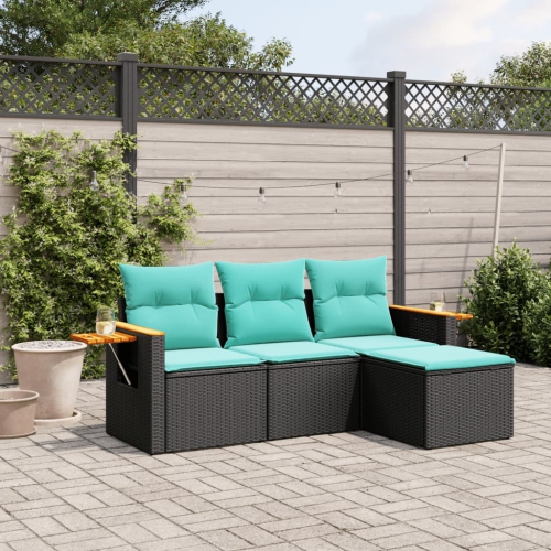 vidaXL 4 Piece Garden Sofa Set with Cushions Black Poly Rattan