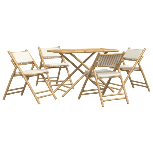 vidaXL 5 Piece Folding Bistro set with Cream White Cushions Bamboo