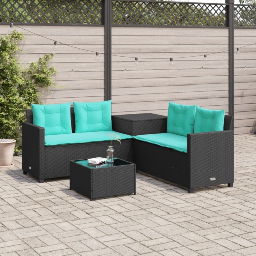 vidaXL Garden Sofa with Table and Cushions L-Shaped Black Poly Rattan