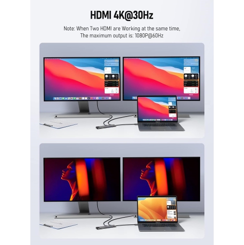 11 in 1 USB C Laptop Docking Station Dual Monitor Hub Adapter w/ 2 HDMI 4K, 100W PD, Ethernet, SD/TF, 2 USB 3.0, 2 USB 2.0, USB C 3.0 Data, for