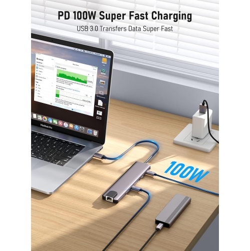 11 in 1 USB C Laptop Docking Station Dual Monitor Hub Adapter w/ 2 HDMI 4K, 100W PD, Ethernet, SD/TF, 2 USB 3.0, 2 USB 2.0, USB C 3.0 Data, for
