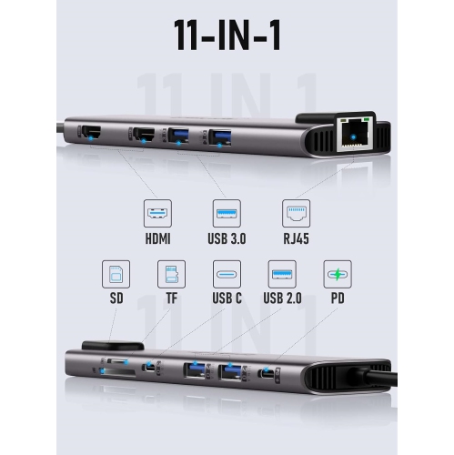 11 in 1 USB C Laptop Docking Station Dual Monitor Hub Adapter w/ 2 HDMI 4K, 100W PD, Ethernet, SD/TF, 2 USB 3.0, 2 USB 2.0, USB C 3.0 Data, for