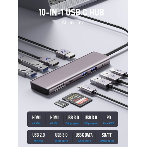 USB C to Dual HDMI Adapter, 10-in-1 USB C Docking Station Dual Monitors for Windows, USB C Adapter with Dual HDMI, USB 3.0, 100W PD, USB-C Data,