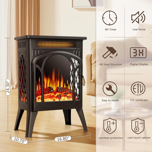 ZAFRO 17" Electric Fireplace, Freestanding Fireplace Stove with 3D Flame Effect, Small Electric Fireplace Heaters for Indoor Use with Remote,