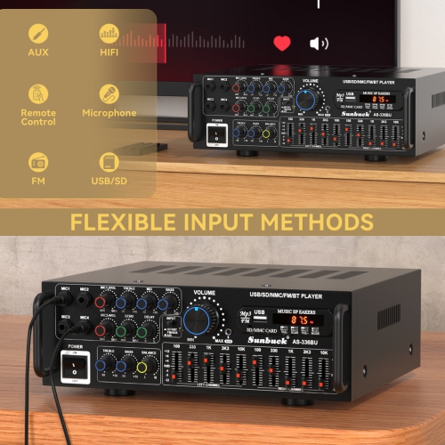 TOPTENG 2000W Bluetooth 5.0 HiFi Stereo Power Amplifier- Audio Receiver for Home Theater & Car Audio with Subwoofer, USB/SD/AUX, FM Radio, Karaoke