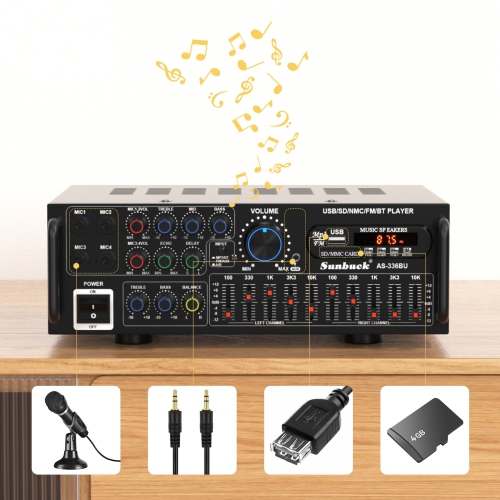 TOPTENG 2000W Bluetooth 5.0 HiFi Stereo Power Amplifier- Audio Receiver for Home Theater & Car Audio with Subwoofer, USB/SD/AUX, FM Radio, Karaoke