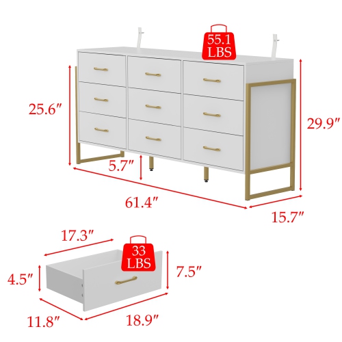 Famapy Classic 9-Drawer Dresser with Sturdy Metal Legs and Generous Storage White