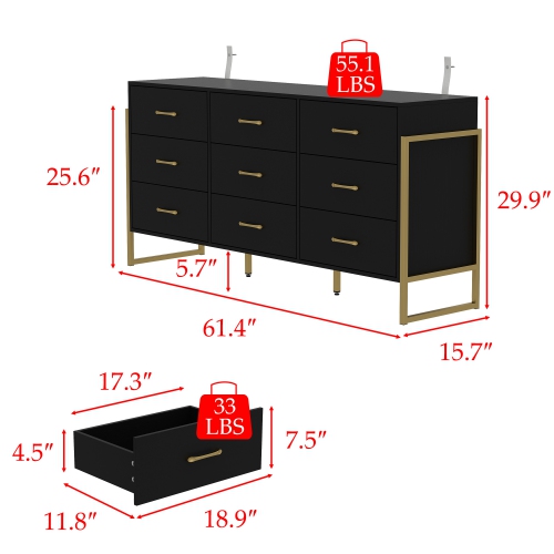 Famapy Classic 9-Drawer Dresser with Sturdy Metal Legs and Generous Storage Black