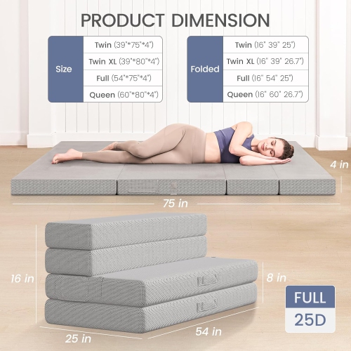 CoolHut – Matelas pliable avec housse perméable à l'air et sac de rangement lavables, matelas à quatre plis de 4 po, pleine grandeur, pour les