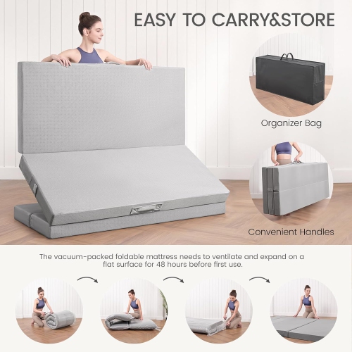 CoolHut – Matelas pliable avec housse perméable à l'air et sac de rangement lavables, matelas à quatre plis de 4 po, pleine grandeur, pour les