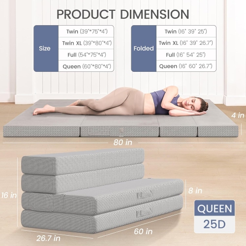 CoolHut Foldable Mattress Queen Size, Memory Foam 4 Inch Thick Portable RV Mattress with Removable Washable Cover & Storage Bag for Guests, Camping,