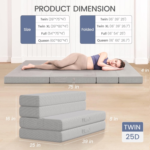 CoolHut – Matelas pliable avec housse perméable à l'air et sac de rangement lavables, matelas à quatre plis de 4 po, lit simple, pour les