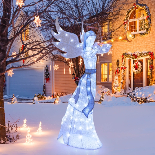 COSTWAY  5 Ft Christmas Angel Outdoor Pre-Lit Angel With Trumpet Halo Wings & 100 Led Lights