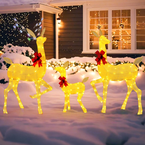 Costway 3 PCS Lighted Family Deer Set with LED Lights RGB Flashing Lights 12 Ground Stakes