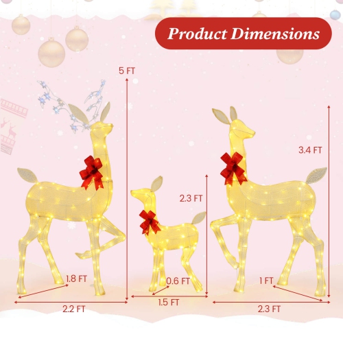 Costway 3 PCS Lighted Family Deer Set with LED Lights RGB Flashing Lights 12 Ground Stakes