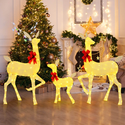 Costway 3 PCS Lighted Family Deer Set with LED Lights RGB Flashing Lights 12 Ground Stakes