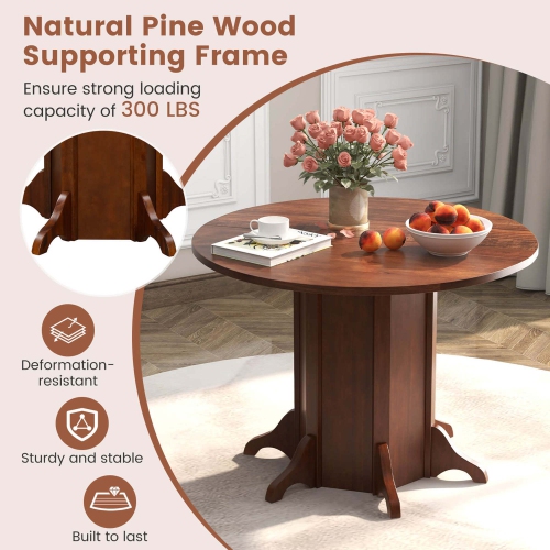 Costway 42" Wooden Kitchen Table Round Dining Table with Pedestal Base for 4-6 People