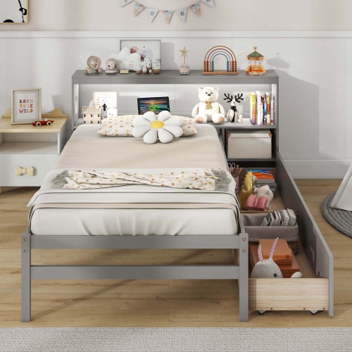 Costway Twin Size Bed Frame with LED Light & Power Outlet Bookcase Headboard Drawers