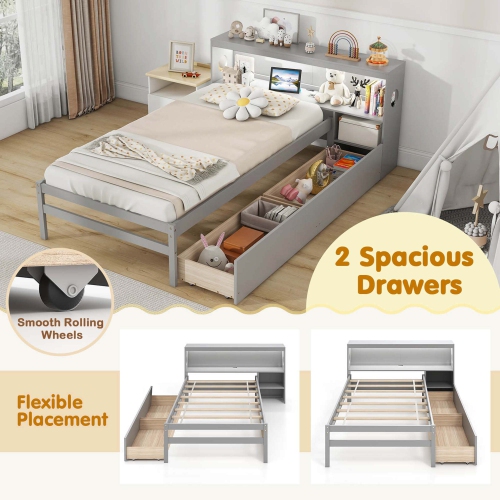 Costway Twin Size Bed Frame with LED Light & Power Outlet Bookcase Headboard Drawers