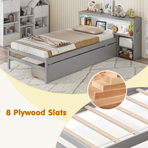 Costway Twin Size Bed Frame with LED Light & Power Outlet Bookcase Headboard Drawers