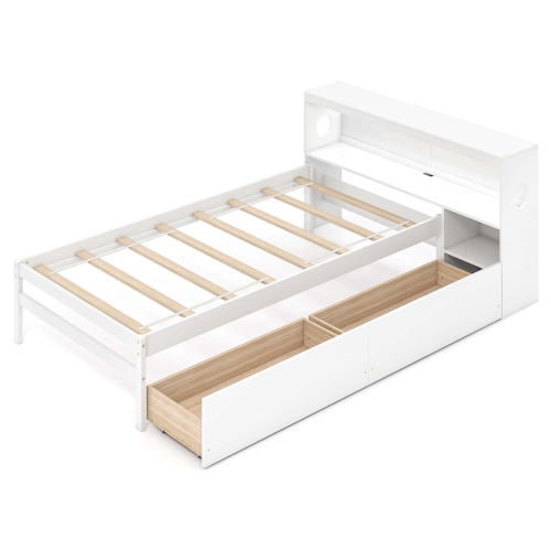 Costway Twin Size Bed Frame with LED Light & Power Outlet Bookcase Headboard Drawers