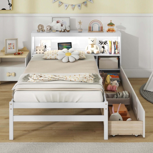 Costway Twin Size Bed Frame with LED Light & Power Outlet Bookcase Headboard Drawers