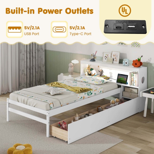 Costway Twin Size Bed Frame with LED Light & Power Outlet Bookcase Headboard Drawers