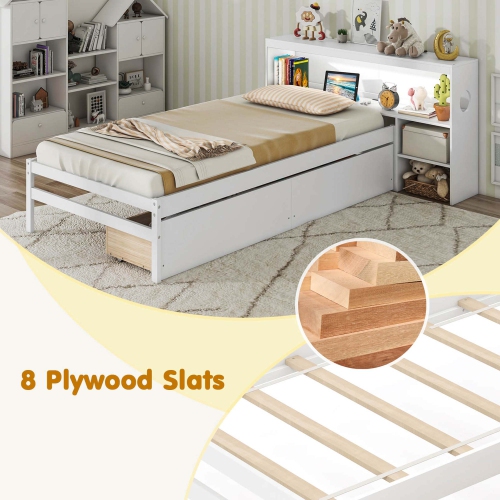 Costway Twin Size Bed Frame with LED Light & Power Outlet Bookcase Headboard Drawers