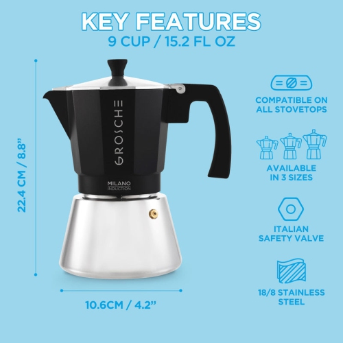 MILANO INDUCTION Stovetop Espresso Maker, Stainless Steel Moka Pot - 9 Espresso Cups, Black