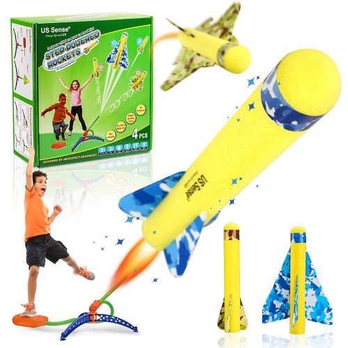 ALL YOU NEED  4-Pack Step-Powered Rocket, Glider Stunt Flyer Foam Plane Outdoor Rocket Toy With Adjustable Launcher for Kids, Boys, Girls