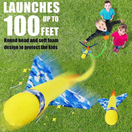 Ensemble de 4 fusées d'extérieur à moteur Step-Powered Rocket, planeur Stunt Flyer, avion en mousse avec lanceur réglable pour enfants, garçons et