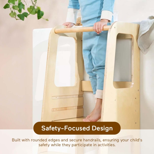Tour pour jeune enfant Blessy, tour d'apprentissage debout, tabouret à 2 marches Kitchen Helper avec plateforme à hauteur réglable et rail de
