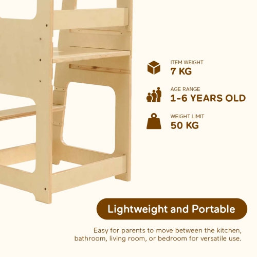 Tour pour jeune enfant Blessy, tour d'apprentissage debout, tabouret à 2 marches Kitchen Helper avec plateforme à hauteur réglable et rail de