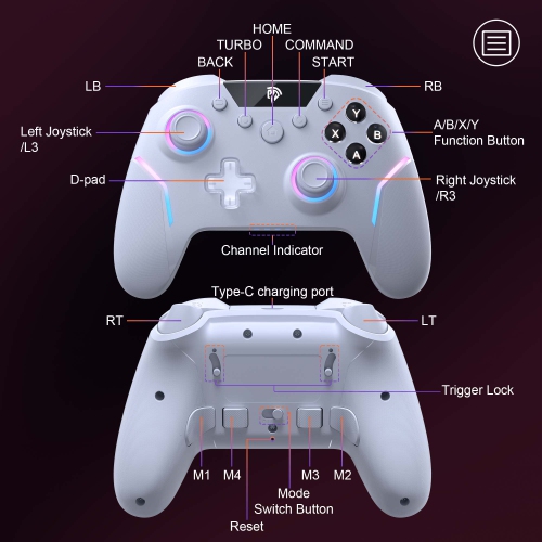 Manette de jeu sans fil EasySMX X20 - Déclencheur à 2 directions, rétroéclairage RVB 1000&nbsp;Hz, taux de scrutation USB, gyroscope à 6 axes,