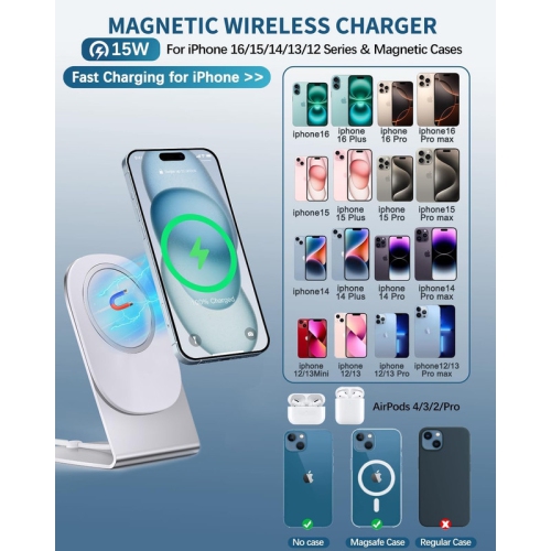 Magnetic Wireless Charger Mag-Safe Charger for iPhone 16/15/14/13/12 Series Convertible Magnet Wireless Charging Stand/Pad with 20W Adapter 5ft Cable